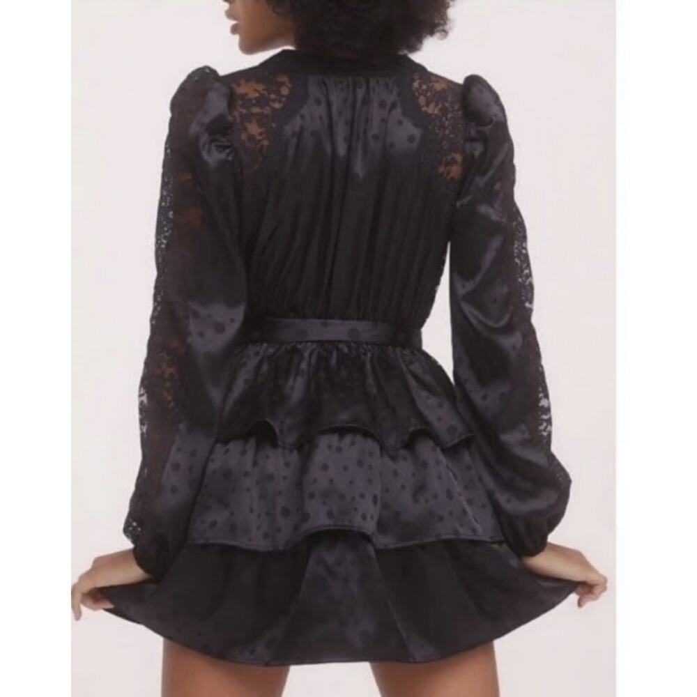 For Love & Lemons Black Fleur Jacquard Lace Plunge Neck Mini Robe Dress Medium - Picture 3 of 7